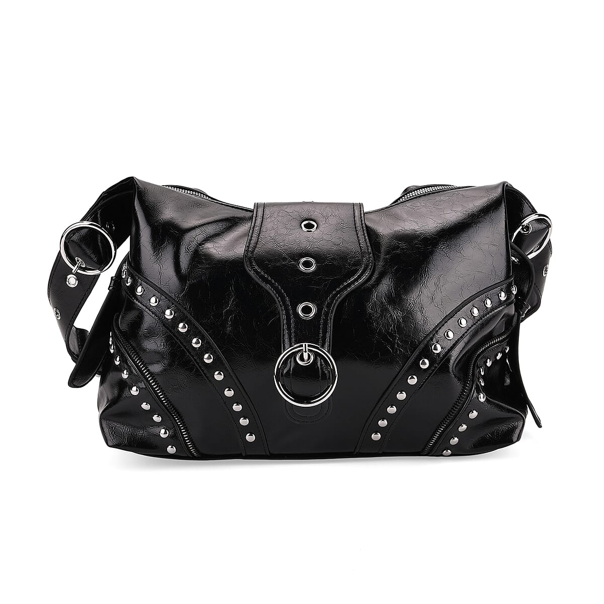 Black Faux Leather Stylish Riveted Hobo Bag with Shoulder Strap  image number 0