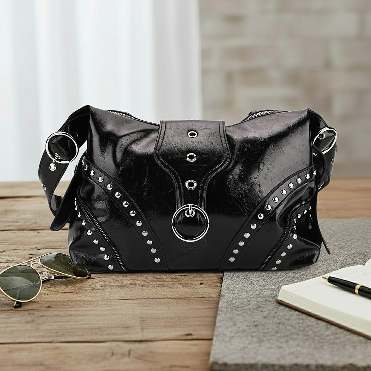 Black Faux Leather Stylish Riveted Hobo Bag with Shoulder Strap  image number 1