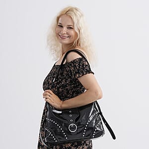 Black Faux Leather Stylish Riveted Hobo Bag with Shoulder Strap 