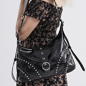 Black Faux Leather Stylish Riveted Hobo Bag with Shoulder Strap 