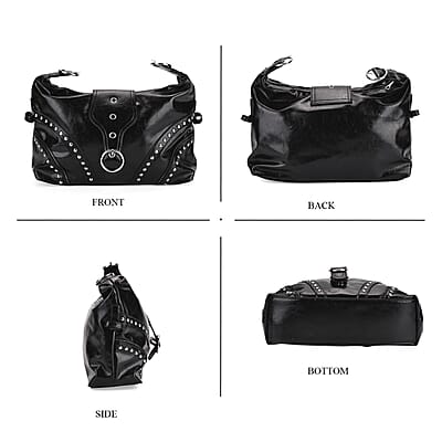Black Faux Leather Stylish Riveted Hobo Bag with Shoulder Strap