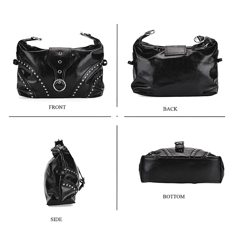 Black Faux Leather Stylish Riveted Hobo Bag with Shoulder Strap