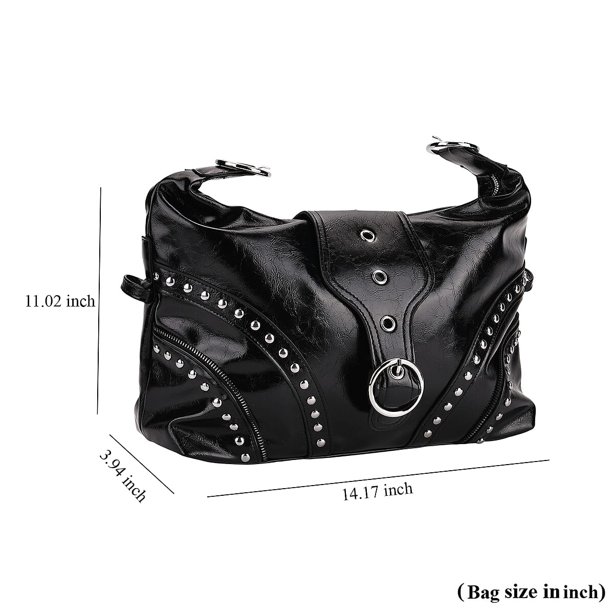Black Faux Leather Stylish Riveted Hobo Bag with Shoulder Strap  image number 7