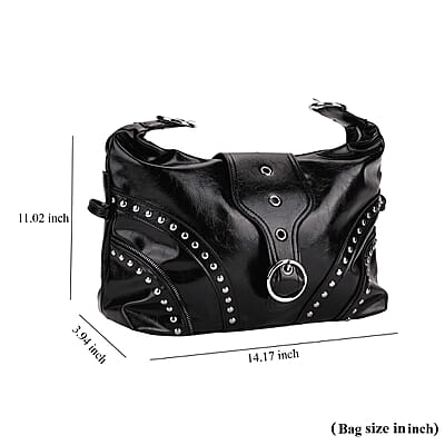 Black Faux Leather Stylish Riveted Hobo Bag with Shoulder Strap
