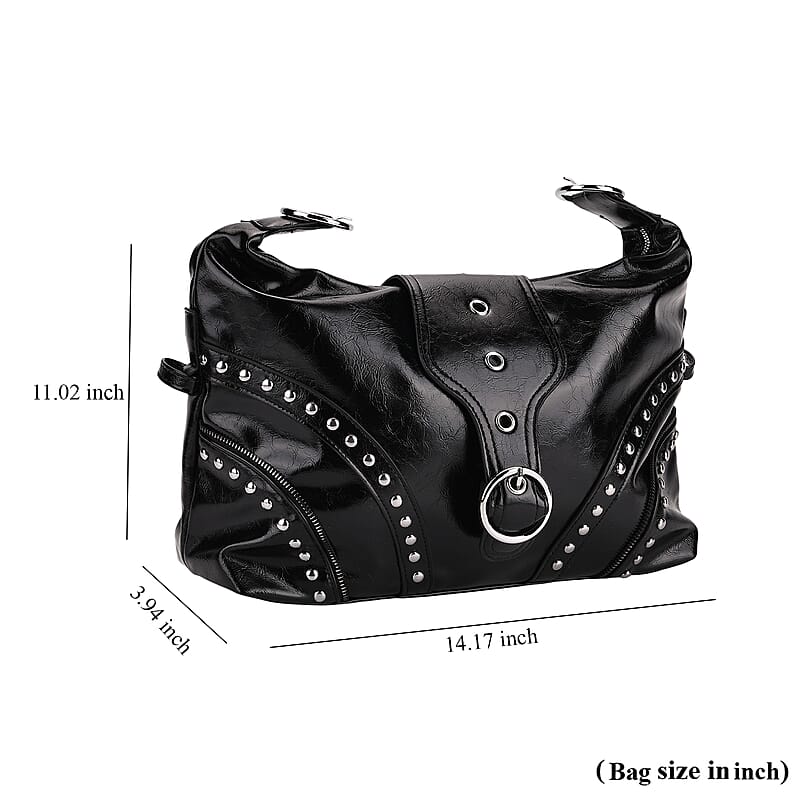 Black Faux Leather Stylish Riveted Hobo Bag with Shoulder Strap