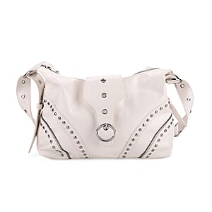 White Faux Leather Stylish Riveted Hobo Bag with Shoulder Strap 