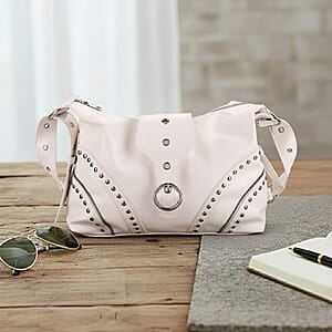 White Faux Leather Stylish Riveted Hobo Bag with Shoulder Strap 