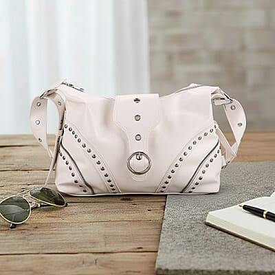 White Faux Leather Stylish Riveted Hobo Bag with Shoulder Strap
