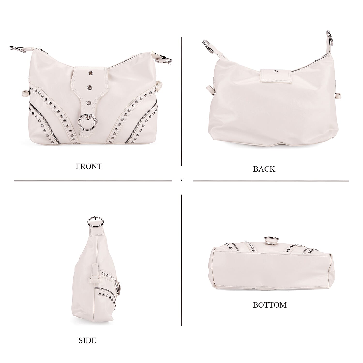White Faux Leather Stylish Riveted Hobo Bag with Shoulder Strap
