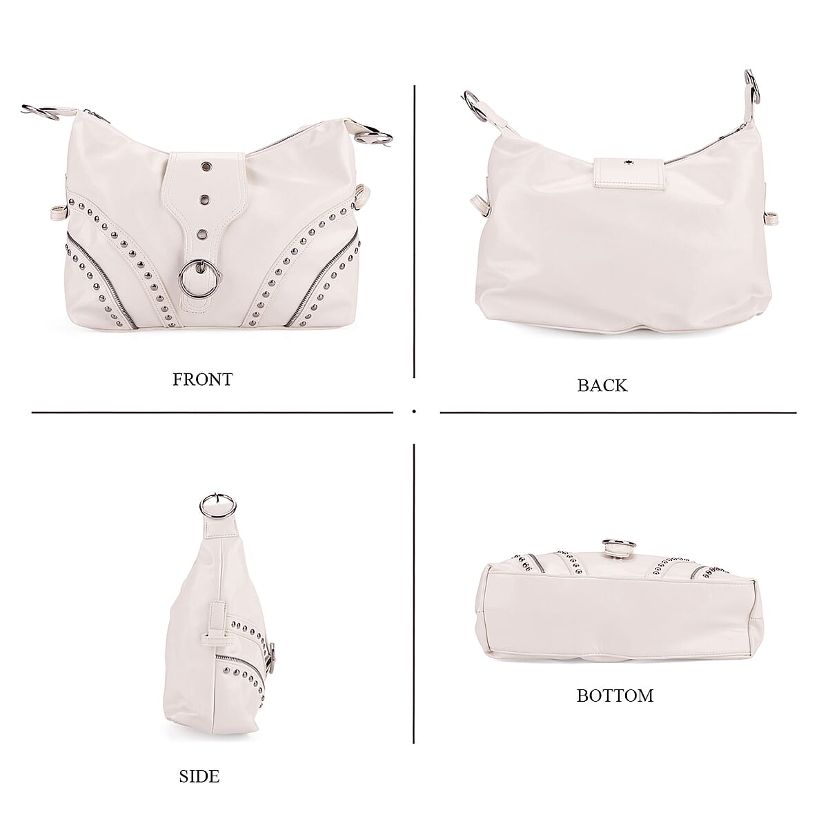 White Faux Leather Stylish Riveted Hobo Bag with Shoulder Strap  image number 4