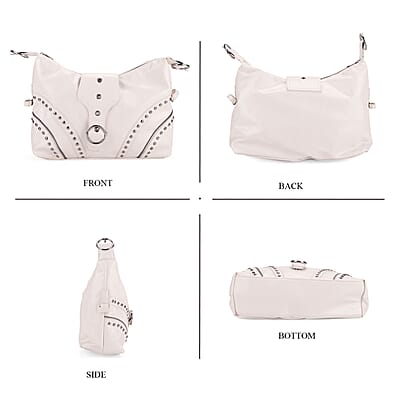 White Faux Leather Stylish Riveted Hobo Bag with Shoulder Strap