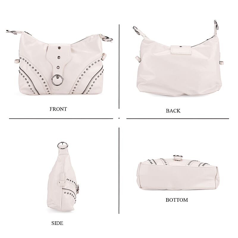 White Faux Leather Stylish Riveted Hobo Bag with Shoulder Strap