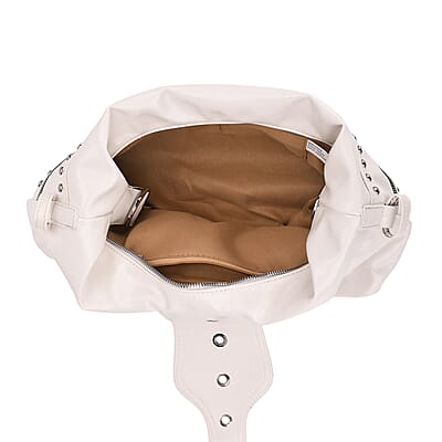 White Faux Leather Stylish Riveted Hobo Bag with Shoulder Strap