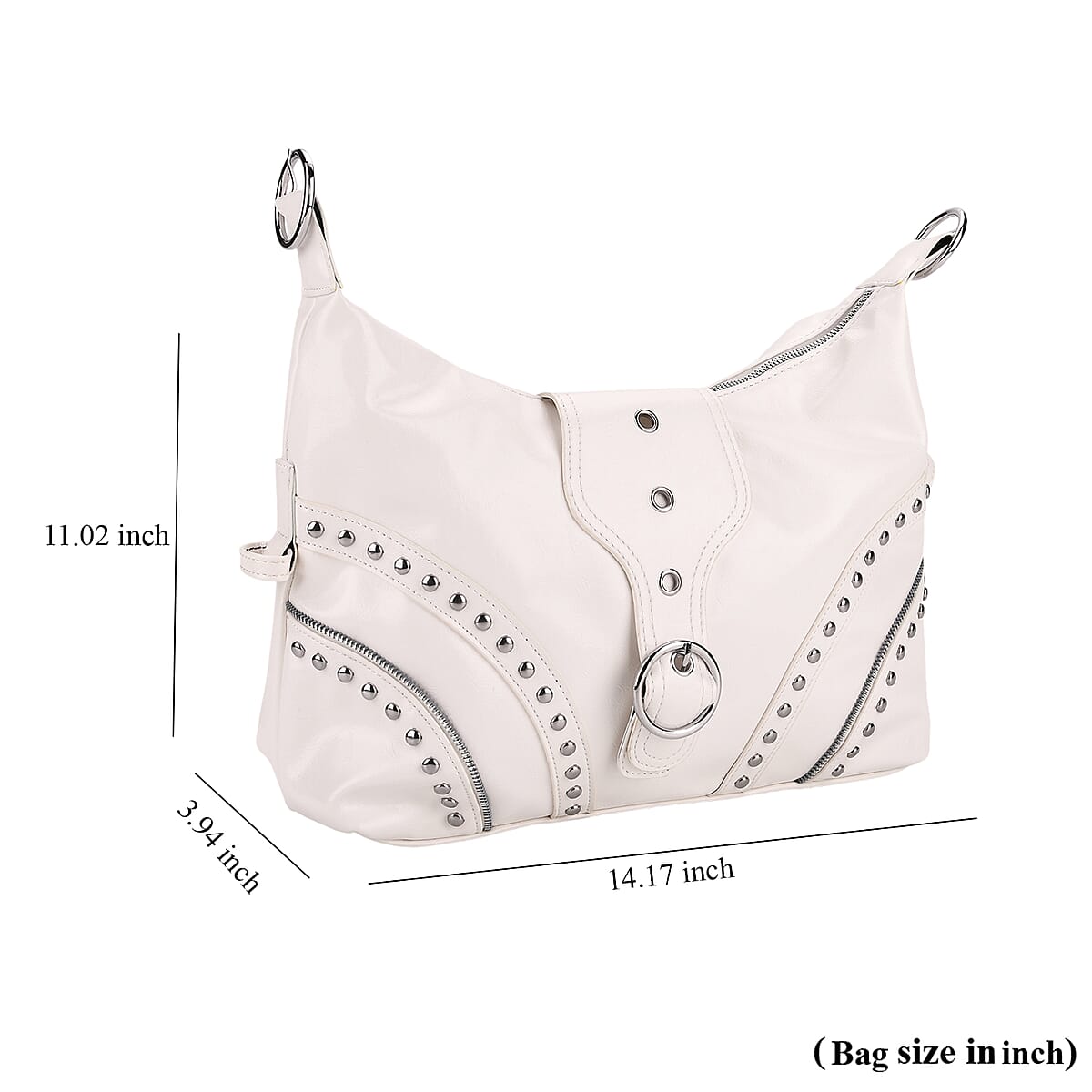 White Faux Leather Stylish Riveted Hobo Bag with Shoulder Strap  image number 7