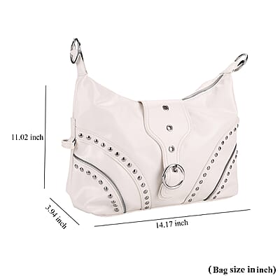 White Faux Leather Stylish Riveted Hobo Bag with Shoulder Strap