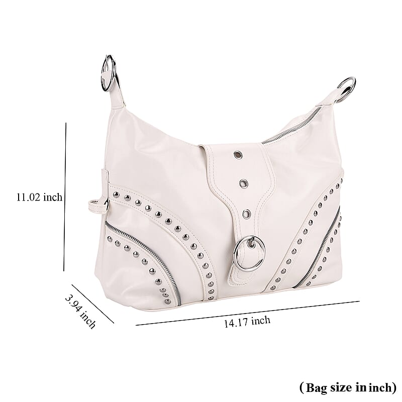 White Faux Leather Stylish Riveted Hobo Bag with Shoulder Strap
