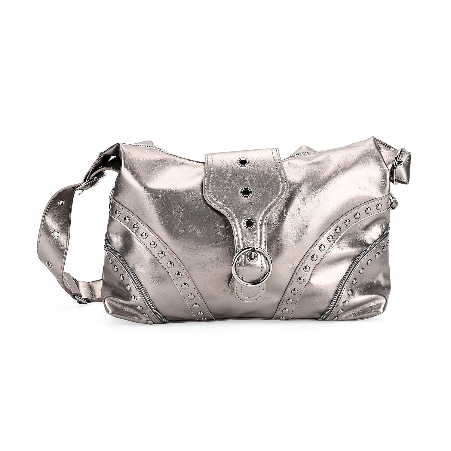 Black Faux Leather Stylish Riveted Hobo Bag with Shoulder Strap