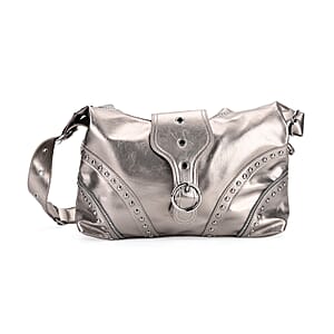 Silver Grey Faux Leather Stylish Riveted Hobo Bag with Shoulder Strap 