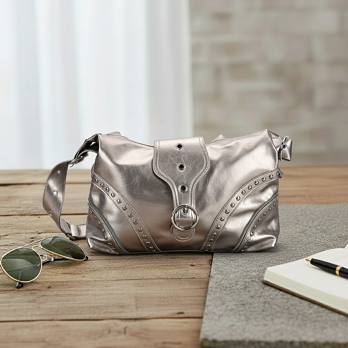Silver Grey Faux Leather Stylish Riveted Hobo Bag with Shoulder Strap  image number 1