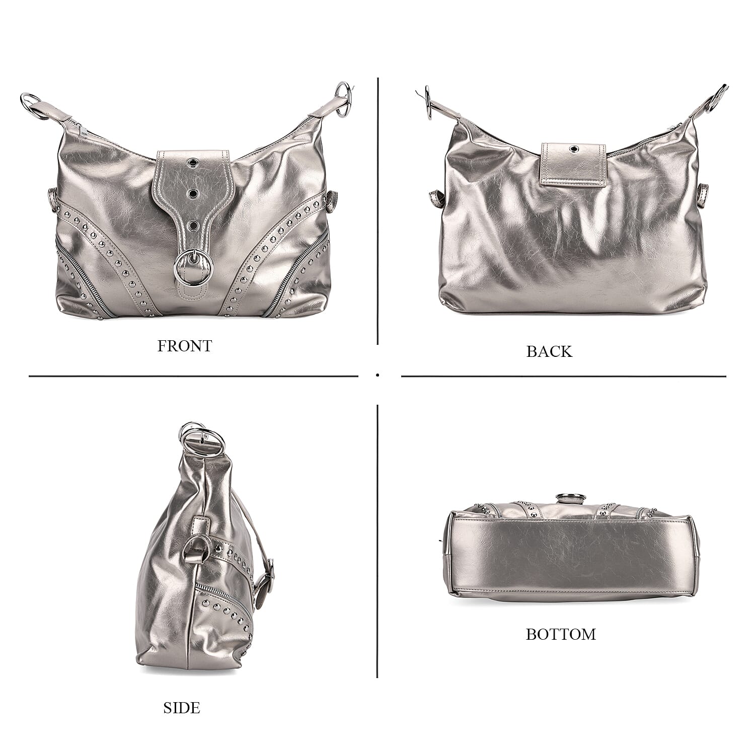 Silver Gray Faux Leather Stylish Riveted Hobo Bag with Shoulder Strap