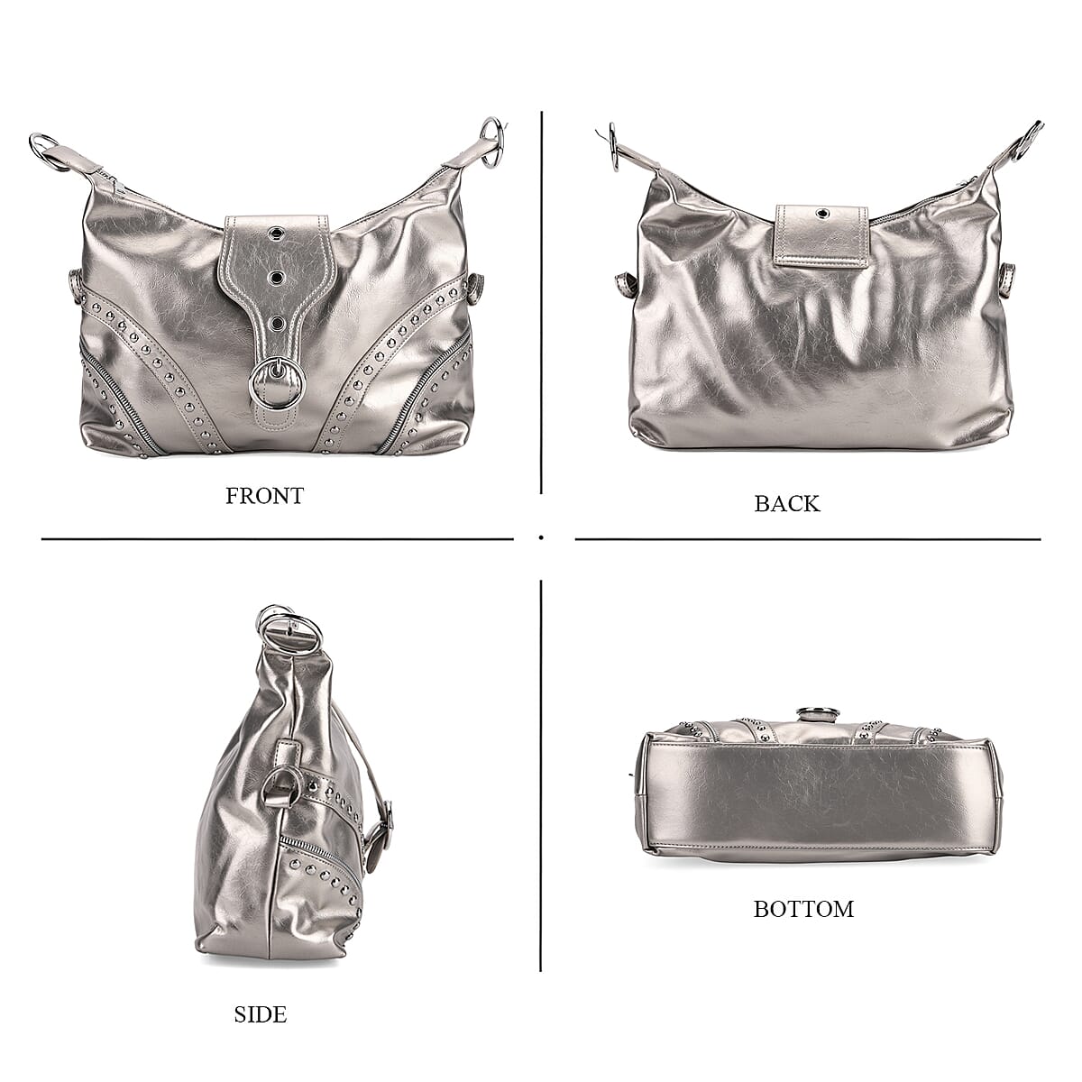 Silver Grey Faux Leather Stylish Riveted Hobo Bag with Shoulder Strap  image number 4