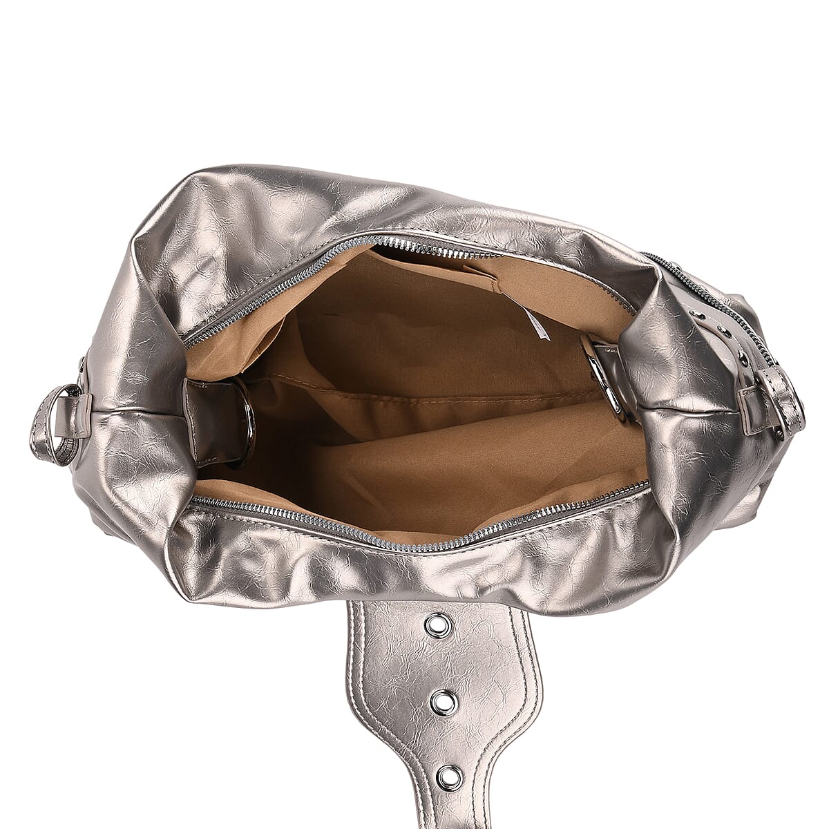 Silver Grey Faux Leather Stylish Riveted Hobo Bag with Shoulder Strap  image number 5