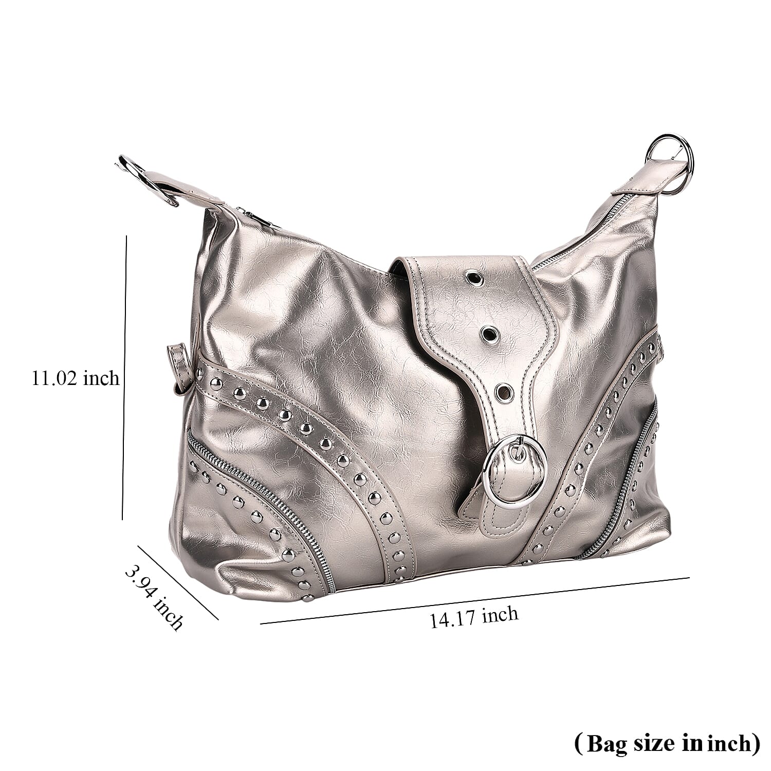 Silver Gray Faux Leather Stylish Riveted Hobo Bag with Shoulder Strap