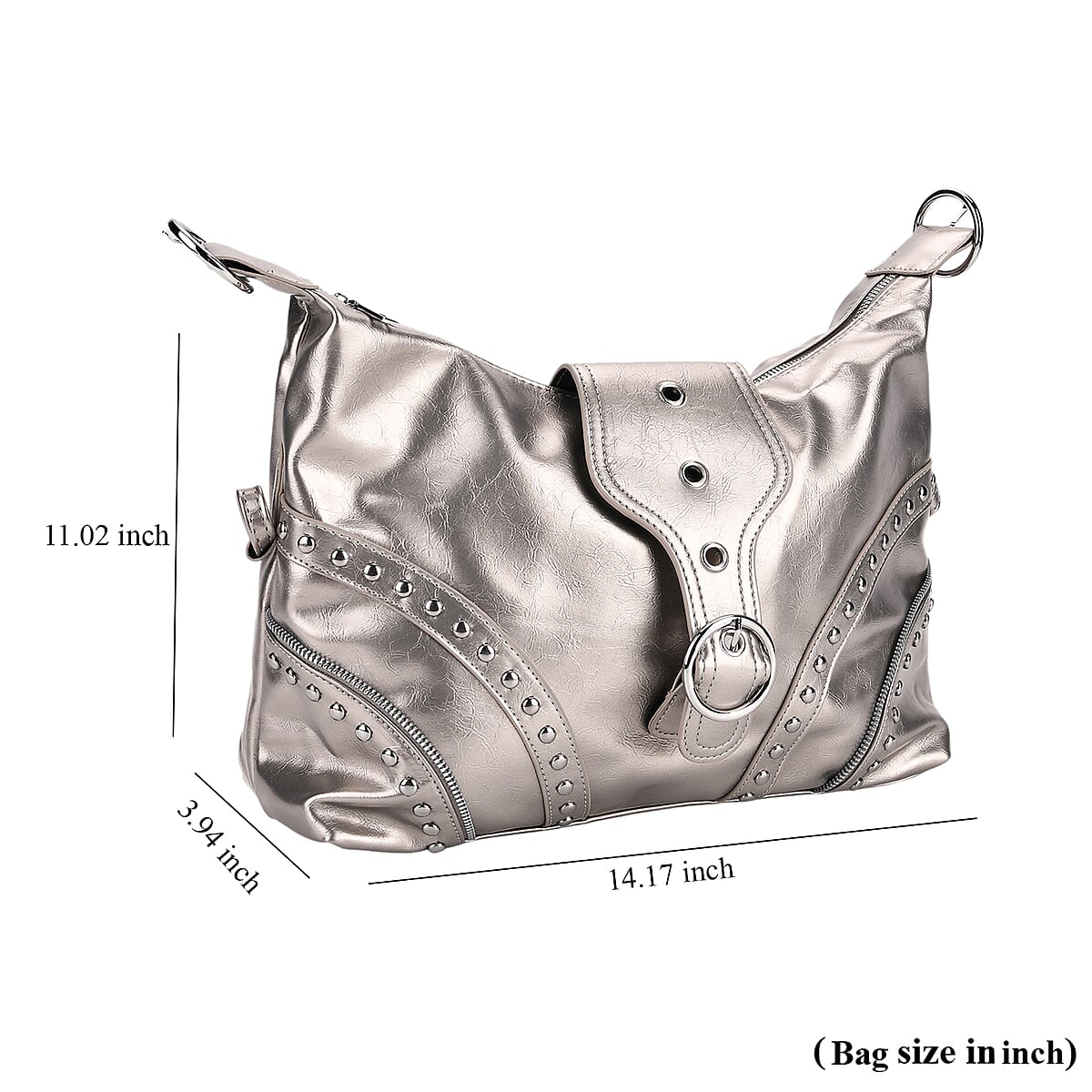 Silver Grey Faux Leather Stylish Riveted Hobo Bag with Shoulder Strap  image number 7