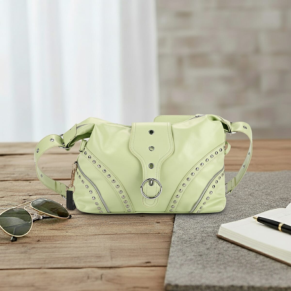 Green Faux Leather Stylish Riveted Hobo Bag with Shoulder Strap  image number 1