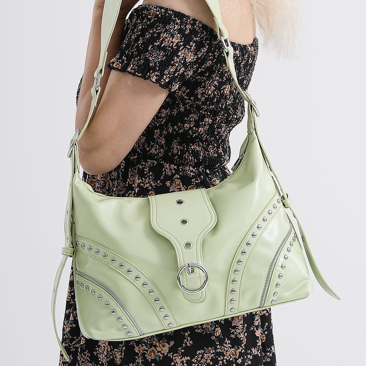 Green Faux Leather Stylish Riveted Hobo Bag with Shoulder Strap  image number 3