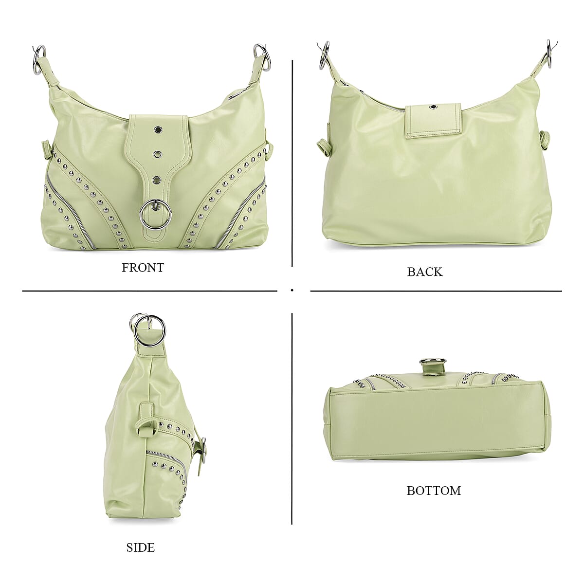 Green Faux Leather Stylish Riveted Hobo Bag with Shoulder Strap  image number 4