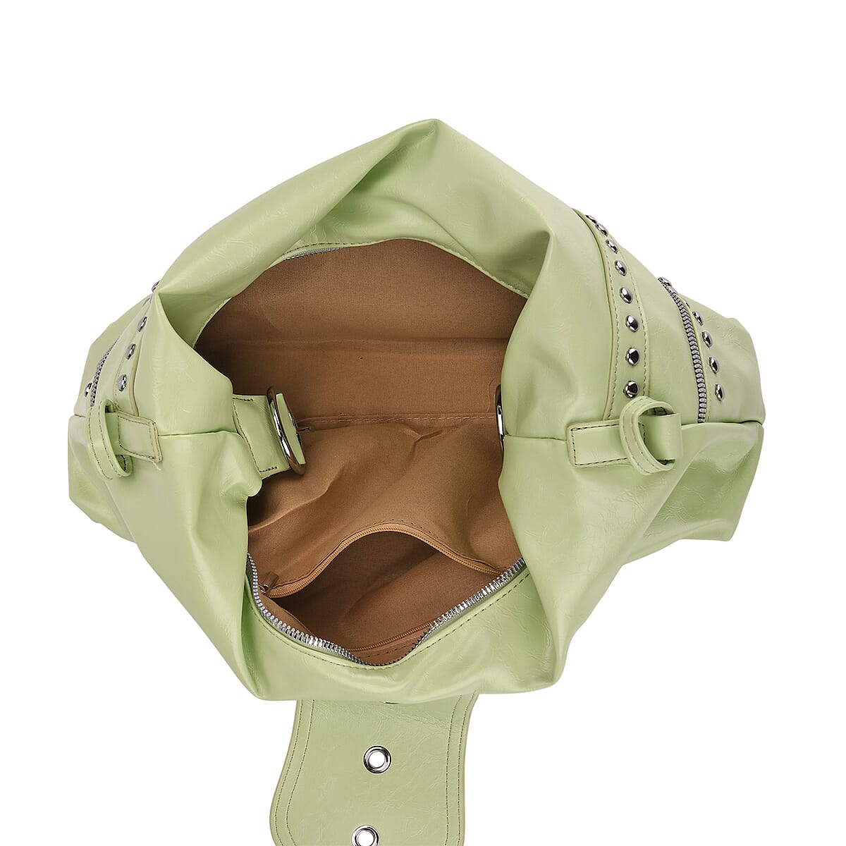 Green Faux Leather Stylish Riveted Hobo Bag with Shoulder Strap  image number 5