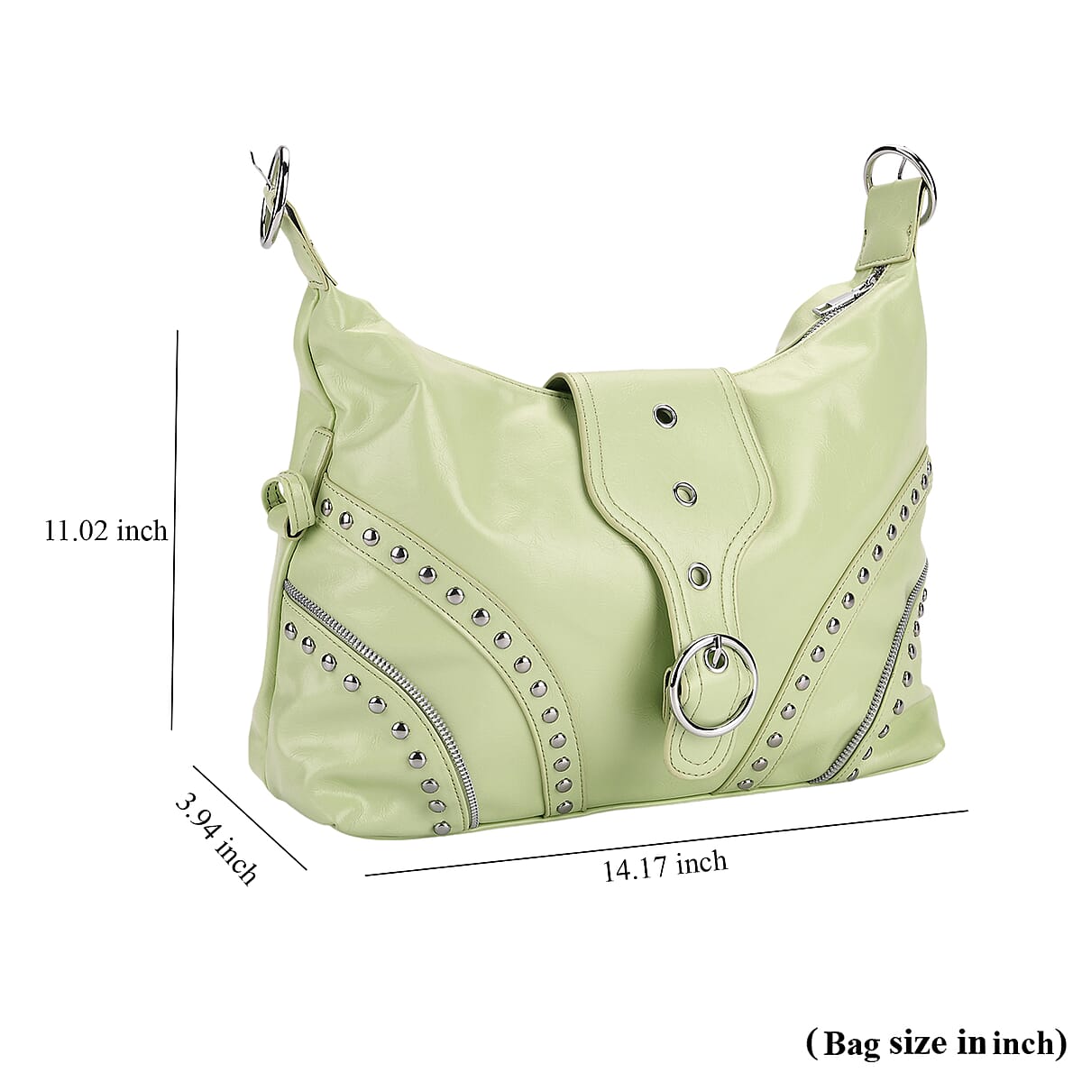 Green Faux Leather Stylish Riveted Hobo Bag with Shoulder Strap  image number 7