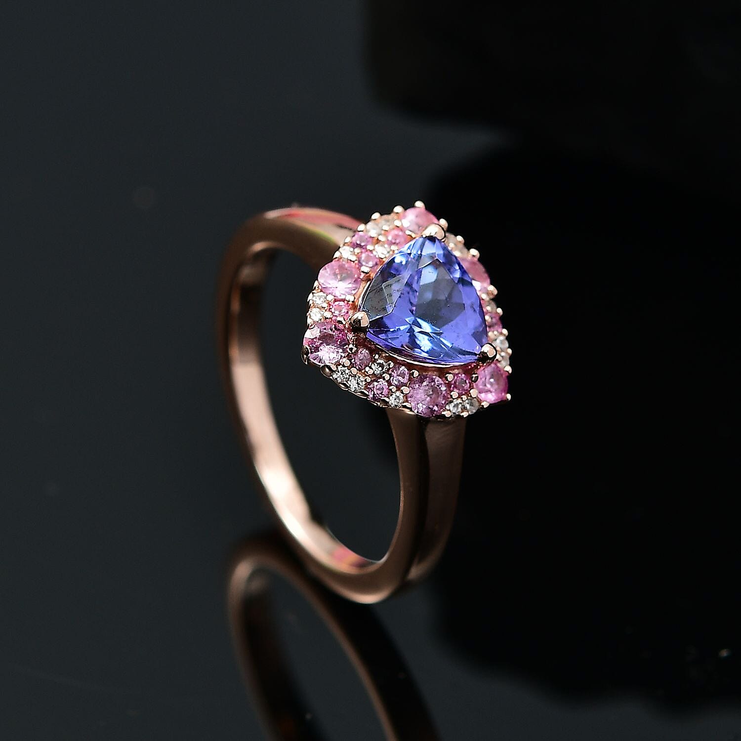 D'Joy Tanzanite and Multi Gemstone 1.75 ctw Regal Bloom Ring in 18K Vermeil Rose Gold Over Sterling Silver (Size 10.0)