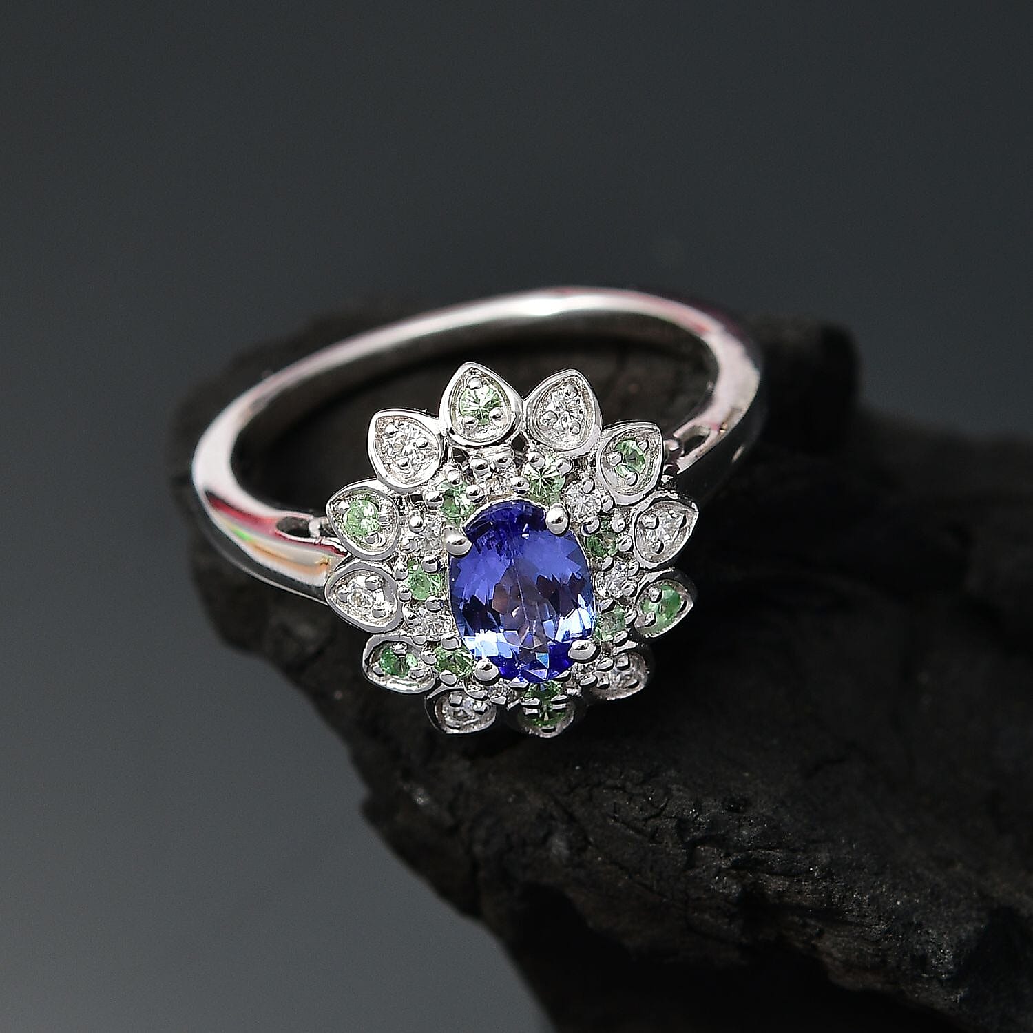 D'Joy Tanzanite and Multi Gemstone 1.80 ctw Sunflower Ring in Rhodium Over Sterling Silver (Size 10.0)