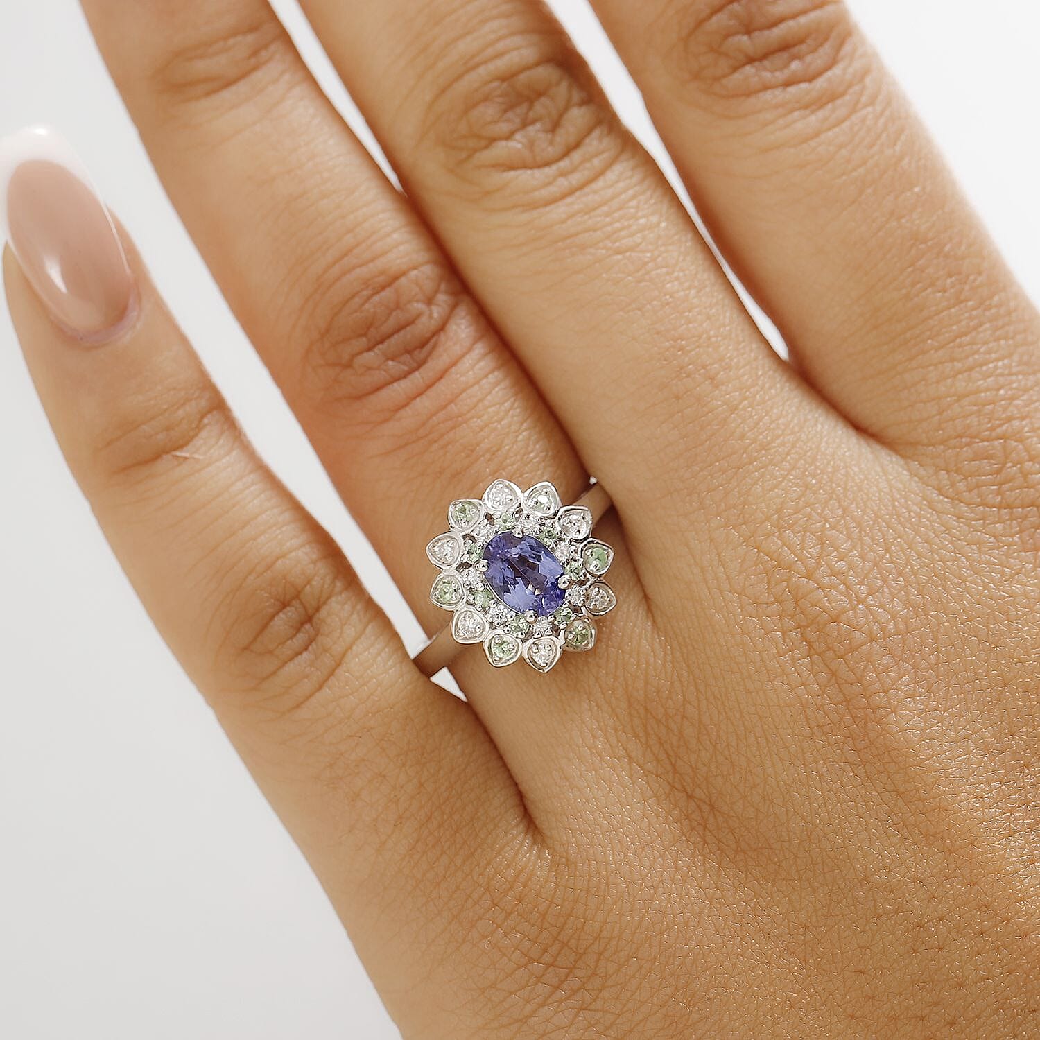 D'Joy Tanzanite and Multi Gemstone 1.80 ctw Sunflower Ring in Rhodium Over Sterling Silver (Size 10.0)