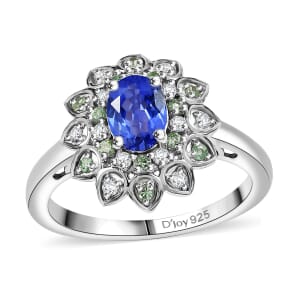 Tanzanite and Multi Gemstone 1.80 ctw Sunflower Ring in Rhodium Over Sterling Silver (Size 7.0)