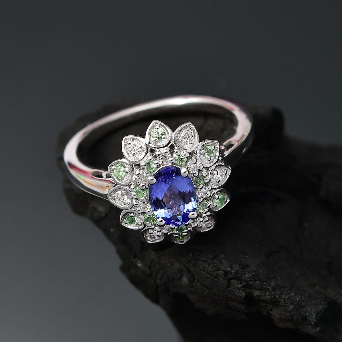 Tanzanite and Multi Gemstone 1.80 ctw Sunflower Ring in Rhodium Over Sterling Silver (Size 7.0) image number 1