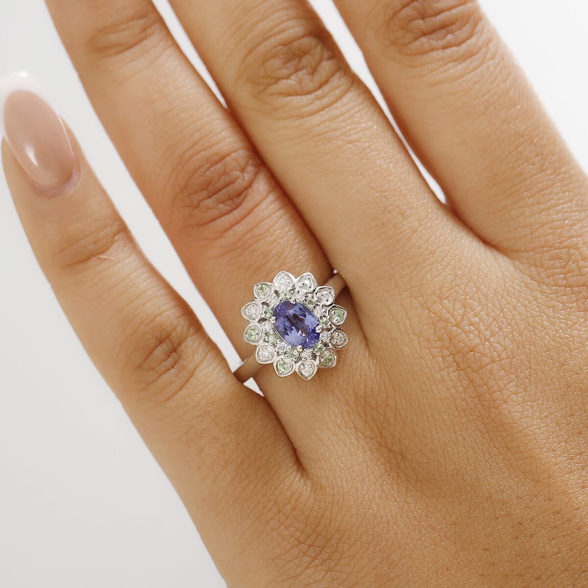Tanzanite and Multi Gemstone 1.80 ctw Sunflower Ring in Rhodium Over Sterling Silver (Size 7.0) image number 2