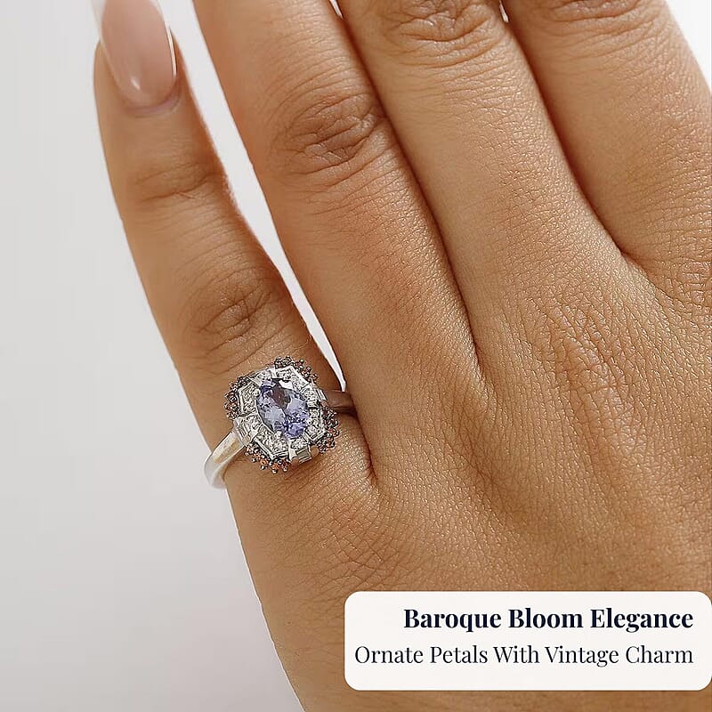 D'Joy Tanzanite and Multi Gemstone 1.75 ctw Baroque Bloom Ring in Rhodium Over Sterling Silver (Size 10.0)