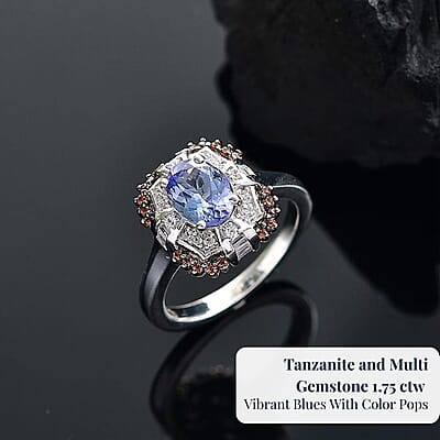 D'Joy Tanzanite and Multi Gemstone 1.75 ctw Baroque Bloom Ring in Rhodium Over Sterling Silver (Size 10.0)