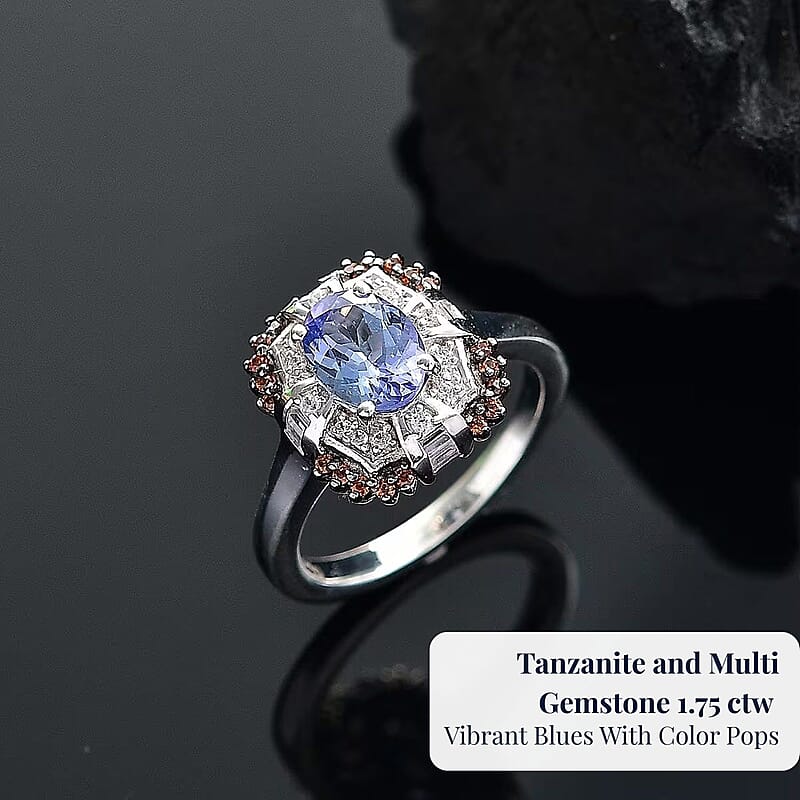 D'Joy Tanzanite and Multi Gemstone 1.75 ctw Baroque Bloom Ring in Rhodium Over Sterling Silver (Size 10.0)