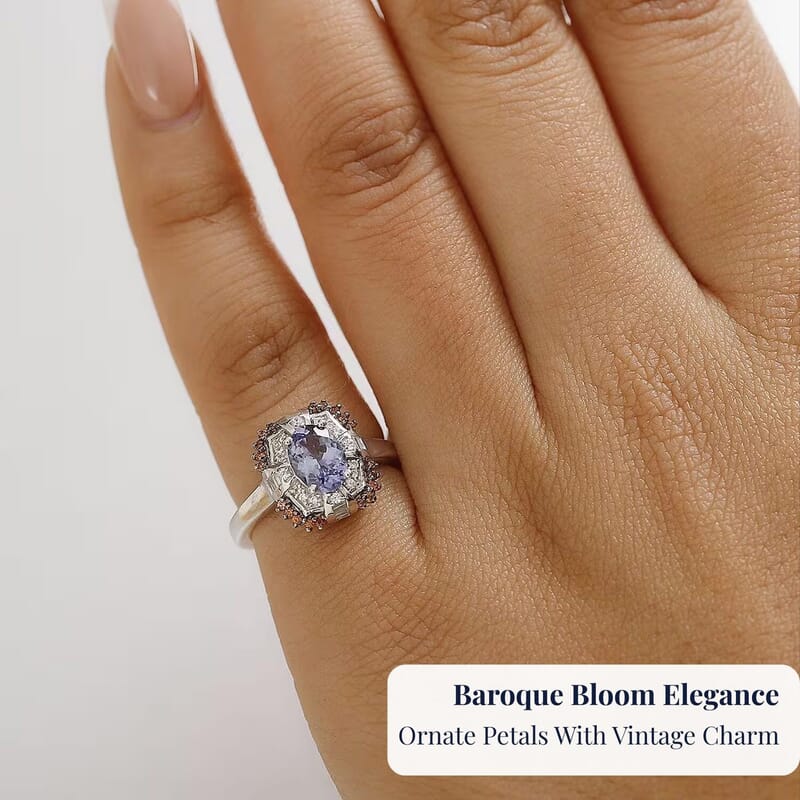 D'Joy Tanzanite and Multi Gemstone 1.75 ctw Baroque Bloom Ring in Rhodium Over Sterling Silver (Size 8.0)