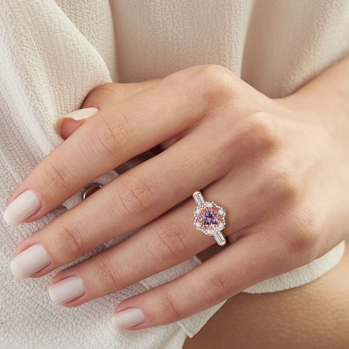 Premium Martha Rocha Kunzite and Moissanite 2.35 ctw Rose Petal Crown Ring in 18K Vermeil Rose Gold Over Sterling Silver (Size 7.0) image number 2