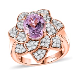 Premium Martha Rocha Kunzite and White Zircon 4.35 ctw Rose Floral Ring in 18K Vermeil Rose Gold Over Sterling Silver (Size 6.0)