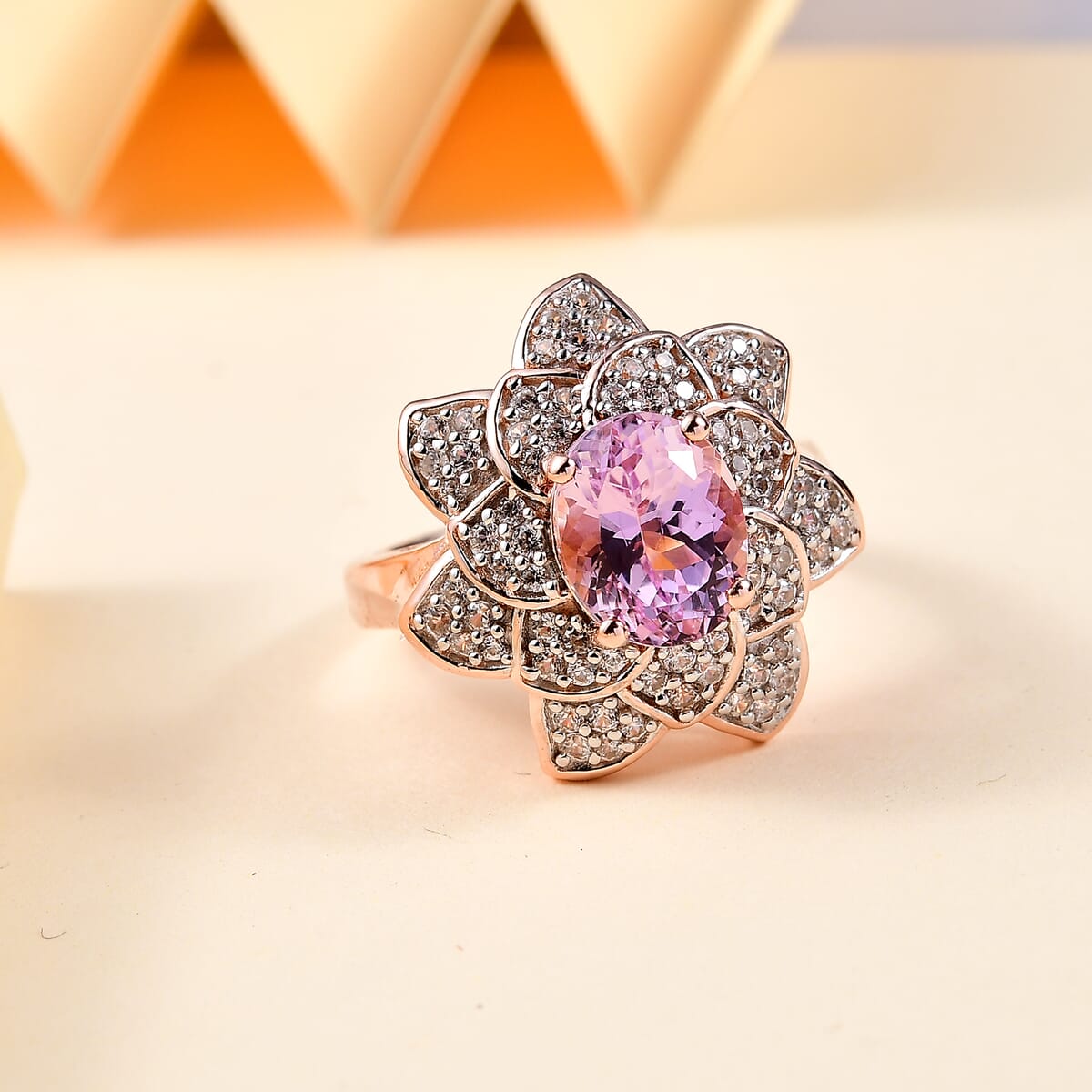 D'Joy Premium Martha Rocha Kunzite and White Zircon 4.35 ctw Rose Floral Ring in 18K Vermeil Rose Gold Over Sterling Silver (Size 7.0) image number 1