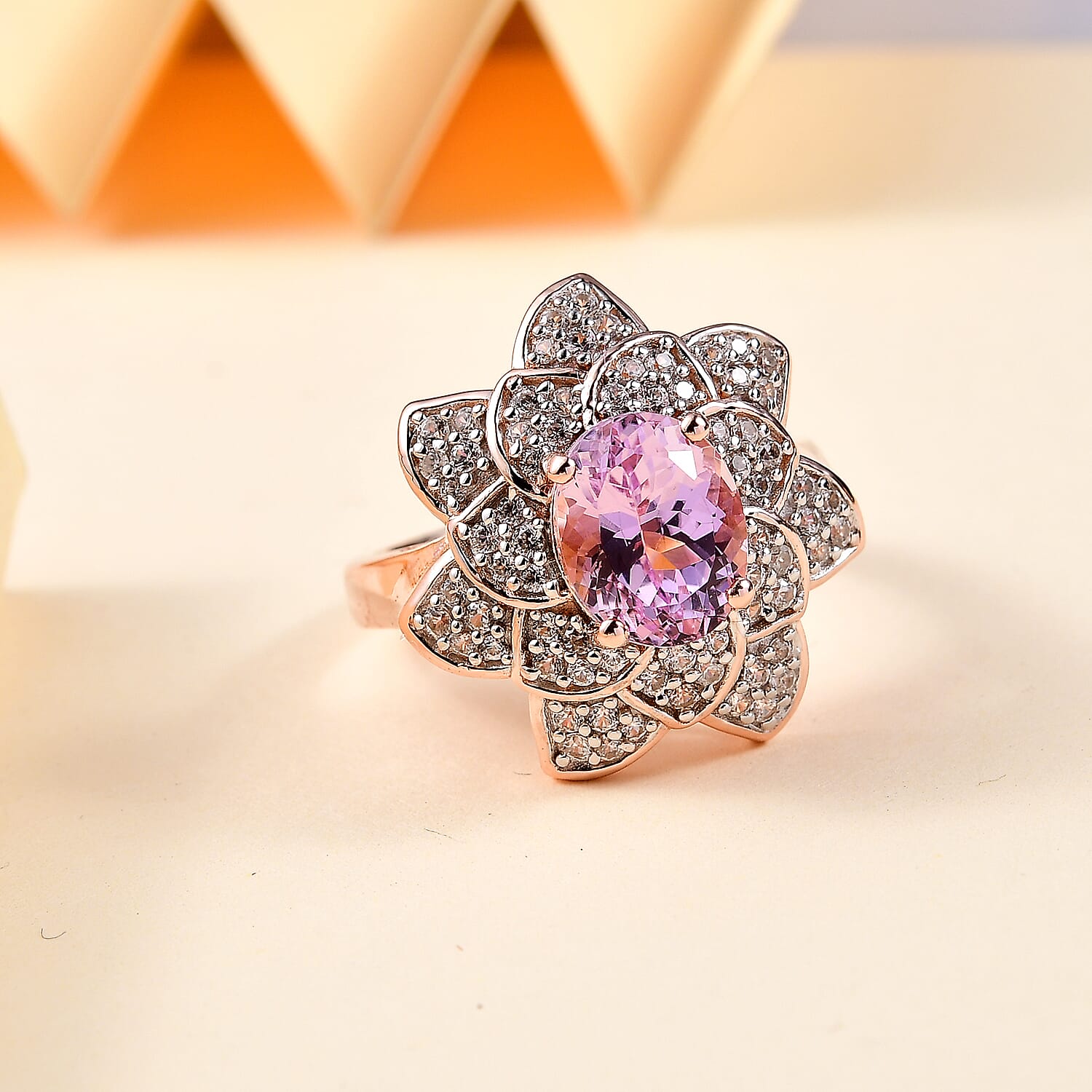 Martha Rocha Kunzite, White Zircon Floral Ring in 18K Vermeil RG Over Sterling Silver (Size 10.0) 4.35 ctw