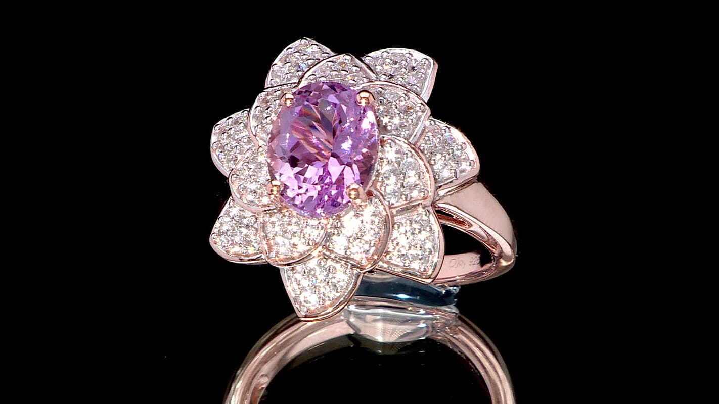 Martha Rocha Kunzite, White Zircon Floral Ring in 18K Vermeil RG Over Sterling Silver (Size 10.0) 4.35 ctw