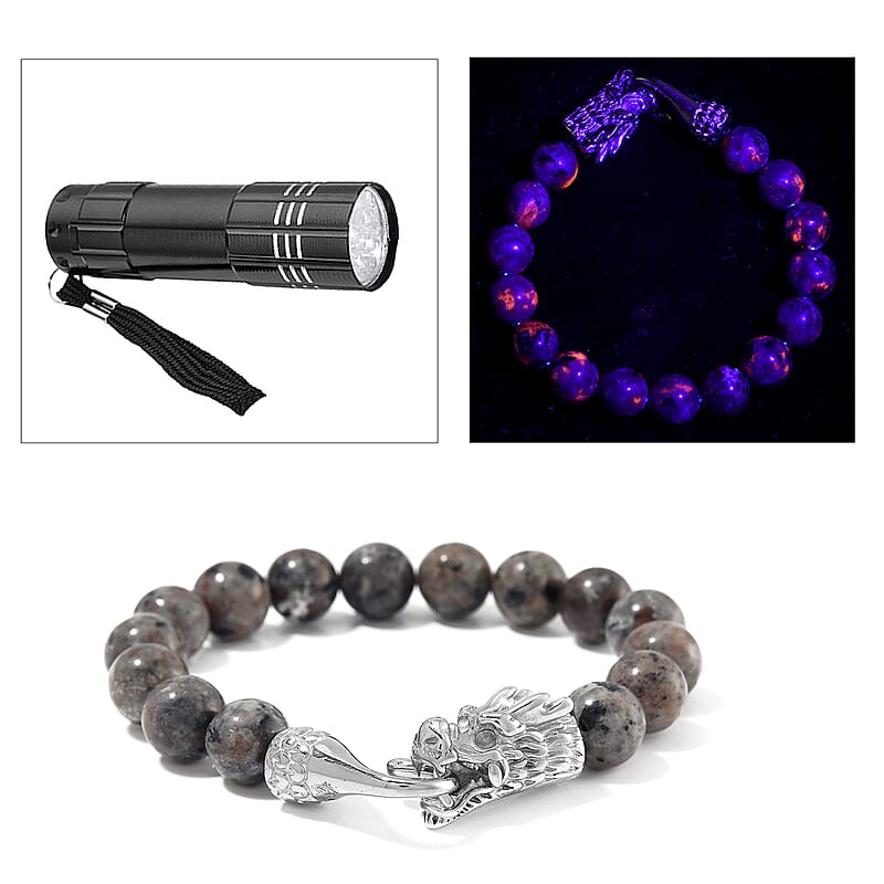 Natural Yooperlite 130.00 ctw 10mm Beaded Dragon Bracelet in Stainless Steel (6.75 In) with Free UV Flash Light