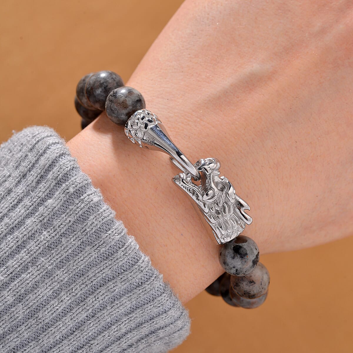 Natural Yooperlite 130.00 ctw 10mm Beaded Dragon Bracelet in Stainless Steel (6.75 In) with Free UV Flash Light image number 1